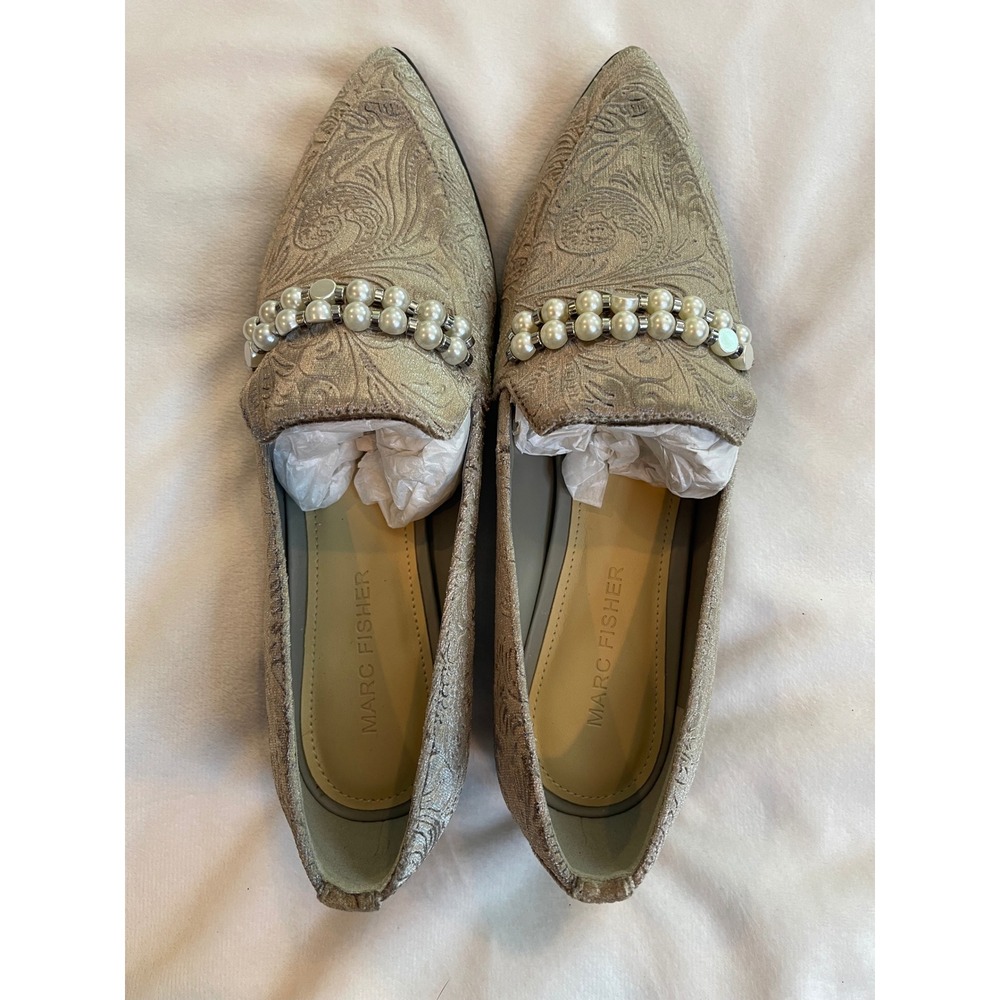 Marc Fisher‎ Kneel2 Gray Fabric Pearl Embellished Pointed Toe Loafers 6.5M
